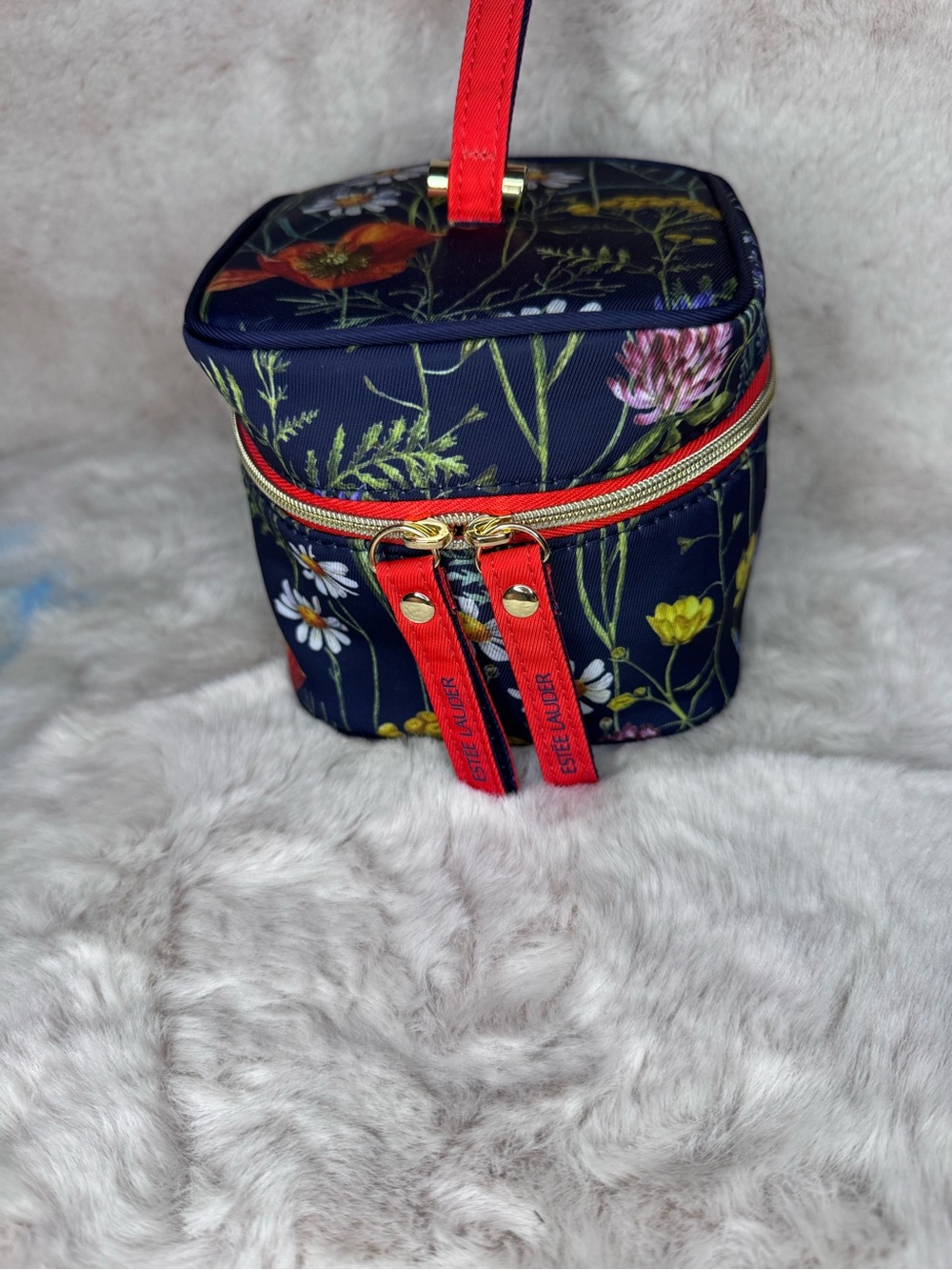 Estee Lauder Navy Floral Cosmetic Case with Red Trim